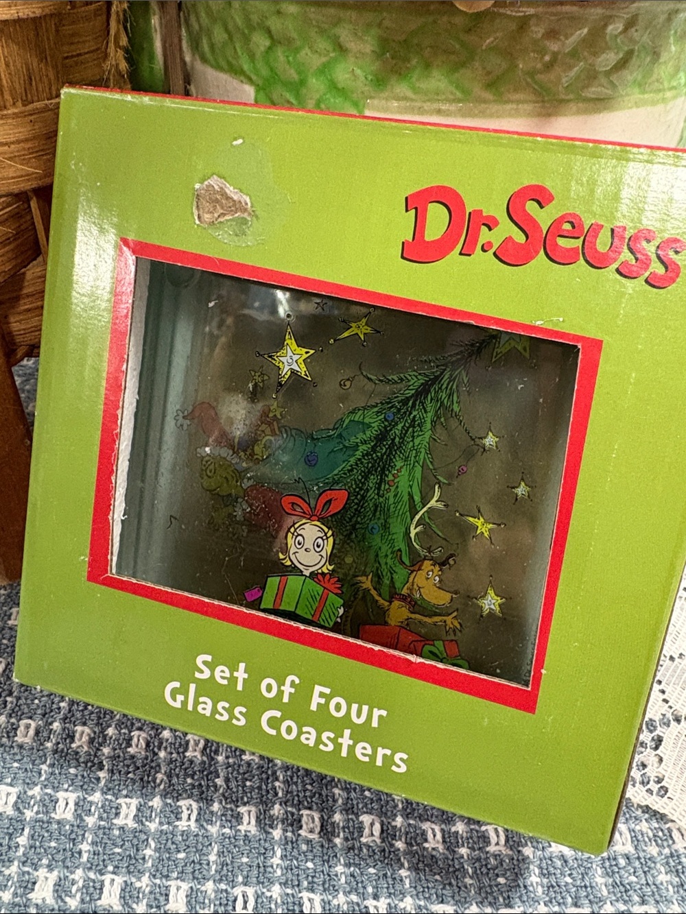 Dr. Seuss Holiday Glass Coaster Set – Green and Red Packaging